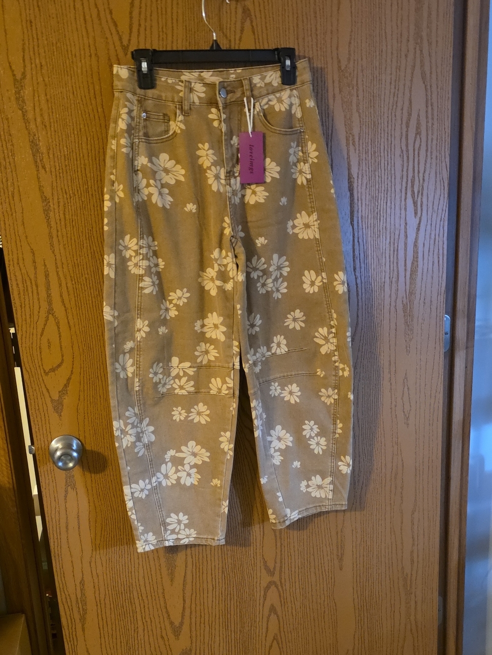 Floral Barrel Jeans - Beige with Cream Flowers W 15, R 10.5, I 25